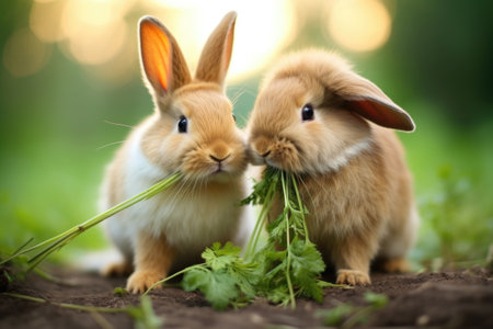 two rabbits sharing a carrot, created with generative aiの素材