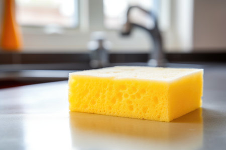 close-up of soapy sponge on a kitchen counter, created with generative aiの素材