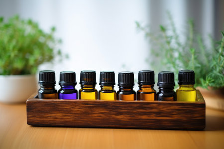 assortment of therapeutic essential oils on a shelf, created with generative aiの素材