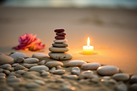 glowing candle among zen stones on sand, created with generative aiの素材