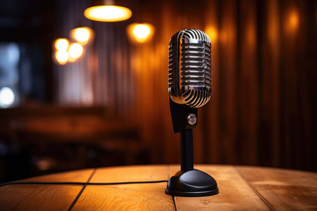 ribbon microphone on a wooden table, created with generative aiの素材