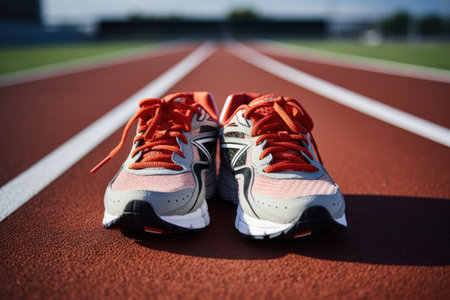 pair of running shoes on a track, created with generative aiの素材