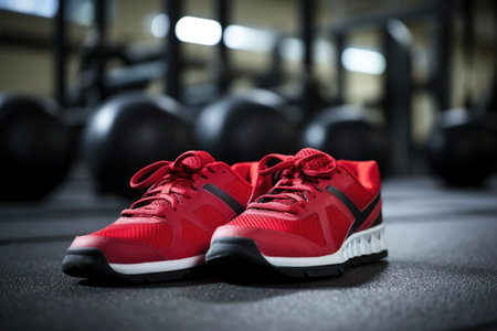 training shoes on a gym floor, created with generative aiの素材