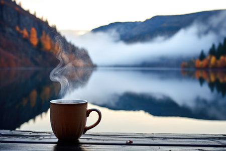 steaming mug of coffee by a mountain lake, created with generative aiの素材
