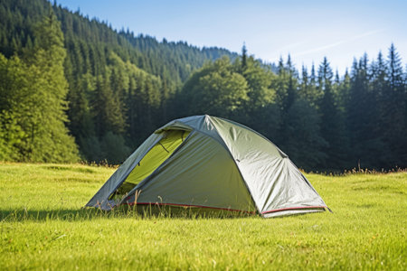 a hiking tent pitched in a grassy clearing, created with generative aiの素材