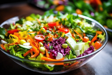close-up of mixed salad with fresh vegetables, created with generative aiの素材