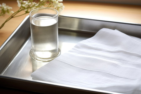 white cotton gauze on a shiny, stainless steel tray, created with generative aiの素材