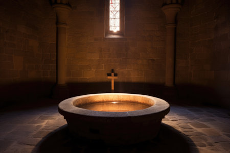 baptismal font made of stone illuminated by daylight, created with generative aiの素材