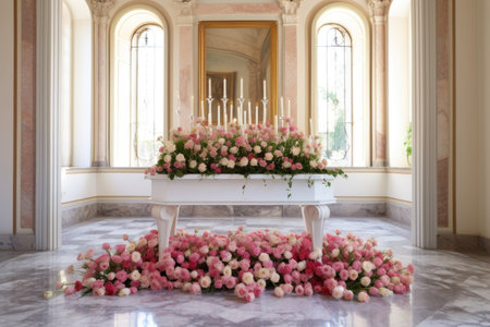 peonies arranged around a white marble chapel, created with generative aiの素材