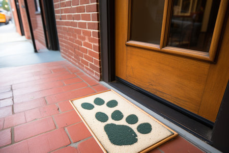 dog paw-friendly doormat at shared apartment entrance, created with generative aiの素材