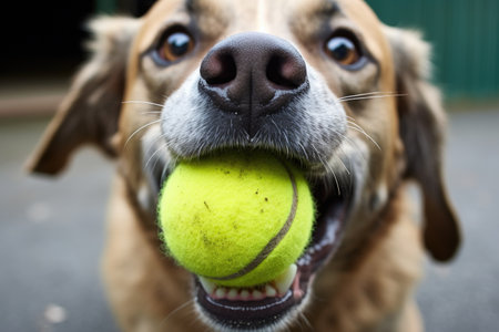 close-up of a dog with a tennis ball in its mouth, created with generative aiの素材
