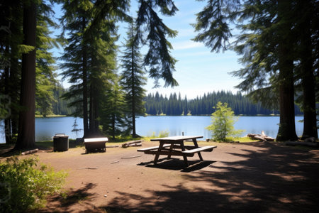 wide shot of picnic site near a lake, created with generative aiの素材