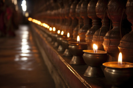 row of oil lamps in an indian temple, created with generative aiの素材