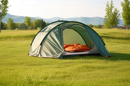 a folded camping tent on grass, created with generative aiの素材