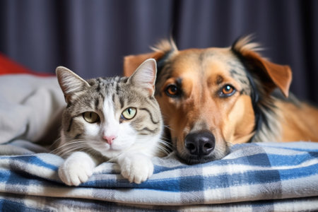 a dog and cat laying on separate blankets, created with generative aiの素材