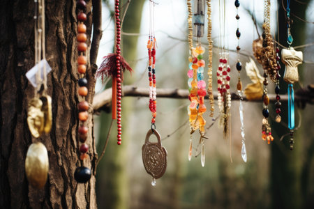 various religious talismans hanging from a tree branch, created with generative aiの素材