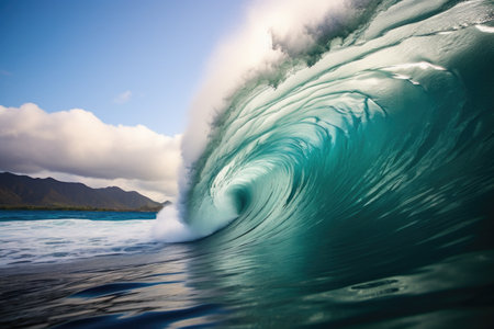 large wave crashing onto a calm shore, created with generative aiの素材