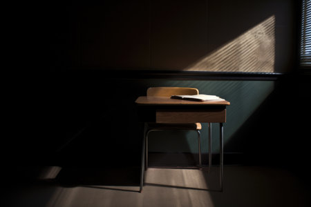 a lone student desk in a shadowy corner of an empty classroom, created with generative aiの素材