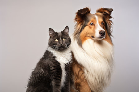 a cat and a dog sitting back to back, created with generative aiの素材