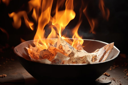 burning paper inside a fireproof bowl, created with generative aiの素材
