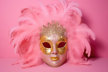 oversized carnival mask with gold trim and large feathers against a powdery pink backdrop, created with generative aiの素材