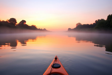 orange kayak on tranquil river at dawn, created with generative aiの素材