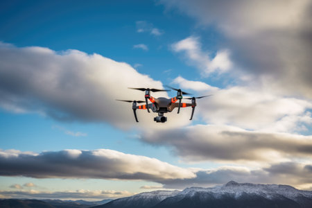a drone scanning over a cloud-filled sky, created with generative aiの素材
