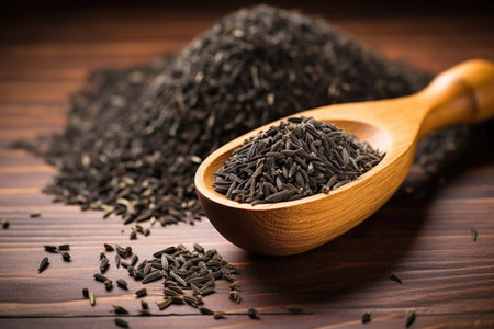 black cumin seeds in a wooden scoop, created with generative aiの素材