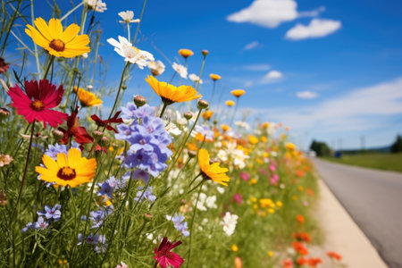 vibrant wildflowers along a country road, created with generative aiの素材