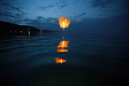 a sky lantern flying over water surface at night, created with generative aiの素材