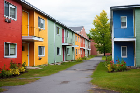brightly painted doors of senior housing complexes, created with generative aiの素材