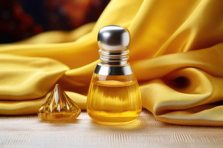 skincare oil bottle draped in silk fabric, created with generative aiの素材