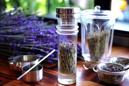 lavender tea steeping in glass tea infuser, created with generative aiの素材