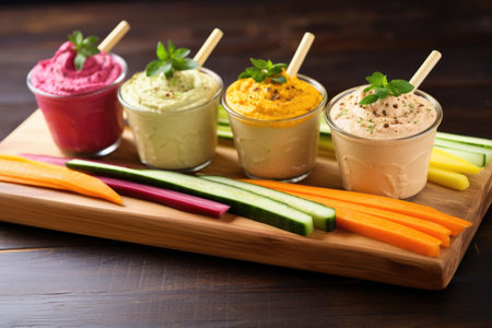 trio of hummus varieties with colorful vegetable sticks on a wooden board, created with generative aiの素材