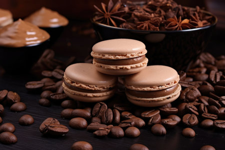 coffee flavored macarons on a bed of coffee beans, created with generative aiの素材