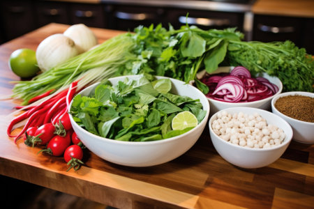 surroundings of a pho bowl, fresh ingredients and herbs, created with generative aiの素材