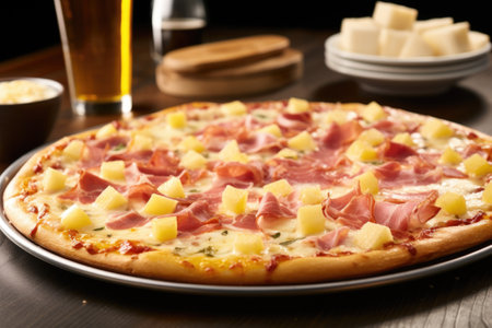 a pizza with visible pineapples, ham, and cheese layers, created with generative aiの素材