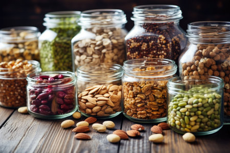 variety of nuts and seeds in glass jars, created with generative aiの素材