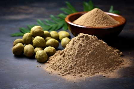 heap of triphala powder on a dark stone background, created with generative aiの素材