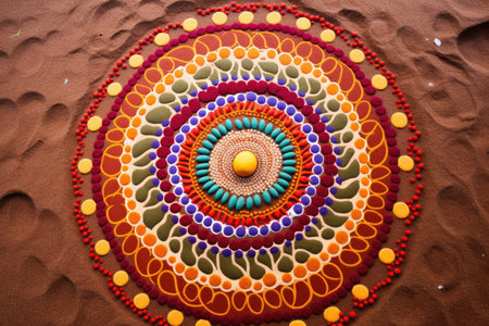 sand painting with colorful patterns in a circle, created with generative aiの素材