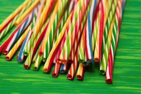 rainbow-colored candy canes on a green mat, created with generative aiの素材