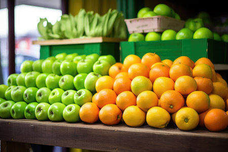 green apples and oranges in a fruit stand, created with generative aiの素材