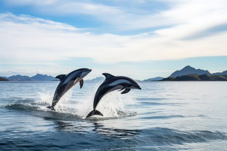 dolphins using teamwork to capture fish in the ocean, created with generative aiの素材