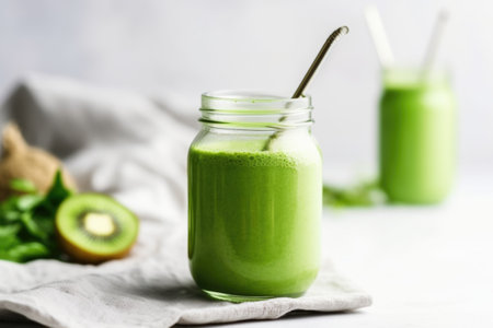 glass bottle of green detox smoothie with straw, created with generative aiの素材