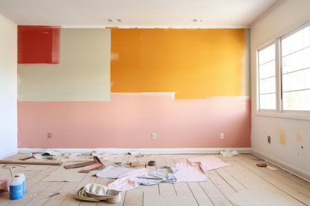 empty room with paint swatches taped on wall, created with generative aiの素材