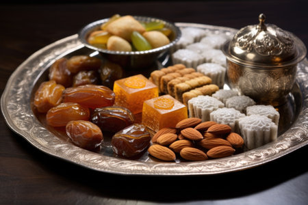 an array of arabic sweets on a silver tray, created with generative aiの素材