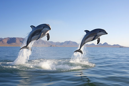 two dolphins jumping out of the water together, created with generative aiの素材