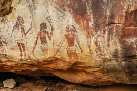 century-old cave paintings on a rough rock wall, created with generative aiの素材