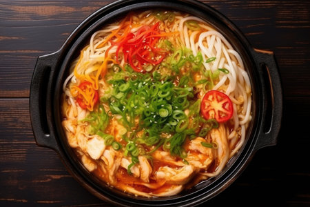 top view of a traditional noodle soup bowl, created with generative aiの素材