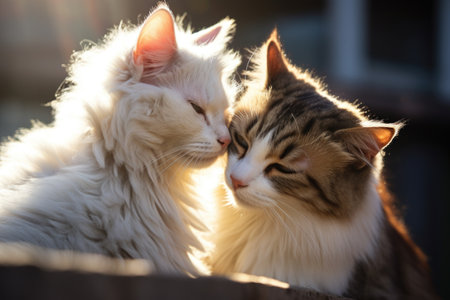 two cats grooming each others fur in sunlight, created with generative aiの素材